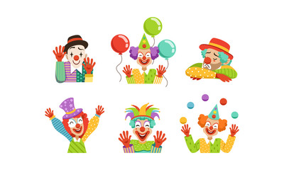 Obraz na płótnie Canvas Cute Clowns Collection, Cheerful Circus Cartoon Characters with Funny Faces, Birthday or Carnival Party Design Element Vector Illustration