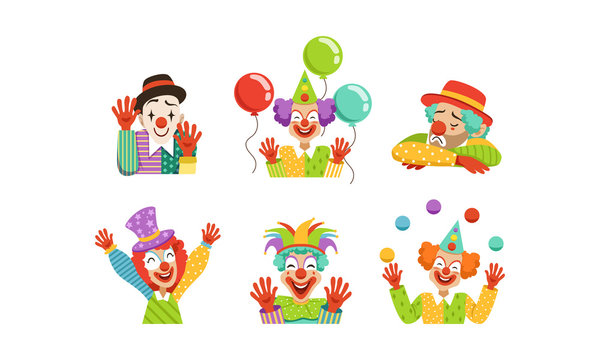 Cute Clowns Collection, Cheerful Circus Cartoon Characters with Funny Faces, Birthday or Carnival Party Design Element Vector Illustration