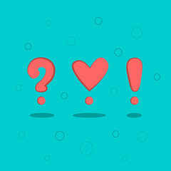 Graphic signs on a colored background, funny love symbols