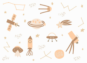 Set Hand drawn cartoon rocket, planets, comet, stars, ufo. Space exploration, space trip. Childish, Scandinavian style.  Vector Illustration for textile, fabric, wallpaper, web design