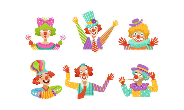 Cute Funny Clowns Collection, Cheerful Circus Cartoon Characters, Birthday or Carnival Party Design Element Vector Illustration