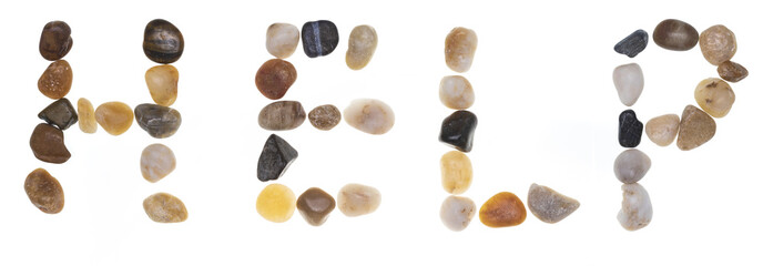 Word HELP (Help!) handmade with stones (boulders). Collection words with stones. Isolated on white background