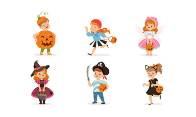 Cute Boys and Girls in Halloween Costumes Collection, Children Celebrating Holidays Wearing as Pumpkin, Witch, Pirate, Butterfly, Cat Vector Illustration