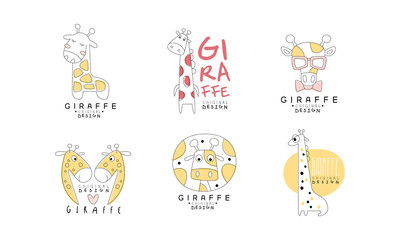 Fototapeta premium Cute Giraffe Logo Design Templates, Abstract Hand Drawn Badges with Adorable Wild African Animal Vector Illustration