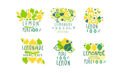 Healthy Lemonade Logo Templates Original Design,100 Percent Pure Lemon Drink Hand Drawn Badges Vector Illustration