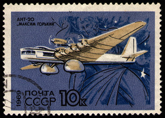 USSR - CIRCA 1969: post stamp 10 Soviet kopek printed by USSR, shows Tupolev ANT-20 Maksim Gorki,...