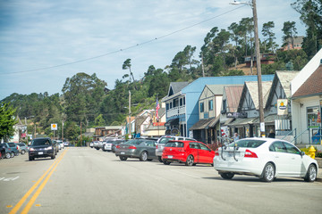 CAMBRIA, CA - AUGUST 3, 2017: Wooden homes along city streets