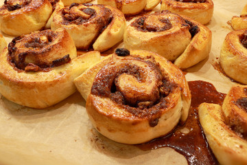 cinnamon roll dough and breads with brown sugar and raisins