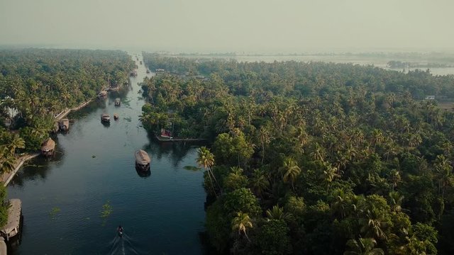 Aerial View of Traditional Indian houseboat near Alleppey on Kerala backwaters