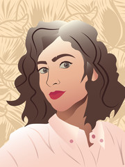 Young lady with red lips, curly hair and rose shirt smiling