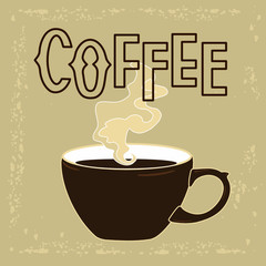 brown cup on aged beige background with inscription Coffee, color vector illustration in vintage style