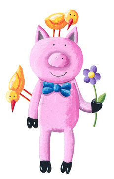 Cute pig with a bow tie holds a flower in his hand