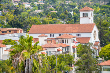Santa Barbara, California. Aerial view of County Courthouse Gardens - obrazy, fototapety, plakaty