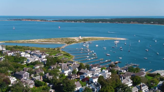 Aerial Drone Marthas Vineyard Edgartown Lighthouse Harbor Boats Coast