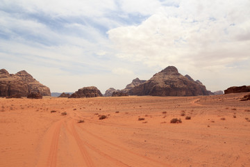 Wadi Rum desert panorama with dunes, mountains and sand that looks like planet Mars surface, Jordan