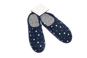 The blue, female slippers on a white background