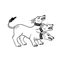 Magical creatures set. Mythological animal - cerberus. Doodle style black and white vector illustration isolated on white background. Tattoo design or coloring page, Line Art.