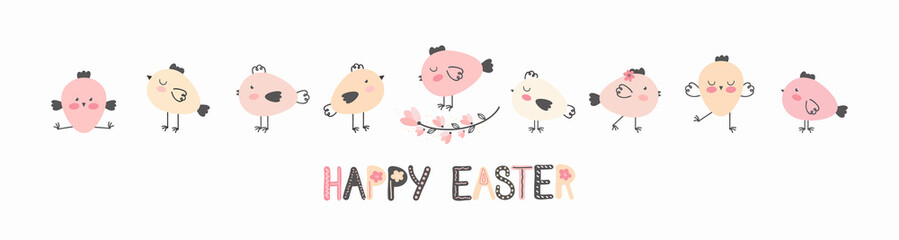 Horizontal banner with cute cartoon Easter chickens in various poses and happy Easter text. Spring holiday banner for websites, social networks, greeting cards. Funny birds. Vector illustration.