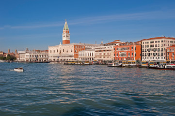 Fototapeta na wymiar View from the sea to Venice with the Campanile di San Marco and the Doge's Palace, Italy