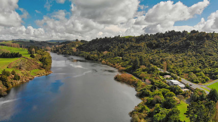 New Zealand aerial view. Meadows and river