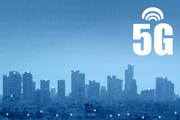 Internet of things. Smart grid. Conceptual abstraction. 5G technology. Modern city and communication network, Smart City. Blue tone city scape and network connection concept.  
