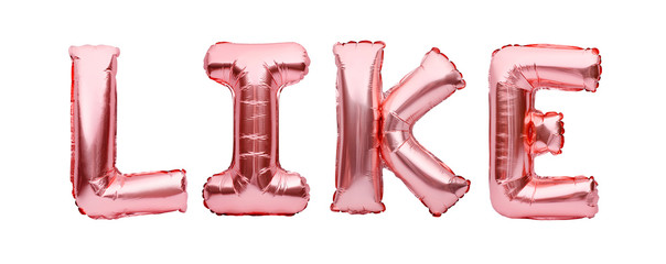 Pink golden word LIKE made of inflatable balloons isolated on white background. Rose gold foil balloon letters. Social media, communication concept.