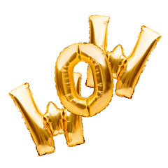 Golden sign WOW made of inflatable balloon isolated on white background. Gold foil balloon letters,...