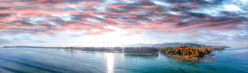 Khao Lak coastline, beautiful panoramic aerial view on a sunny morning, Thailand