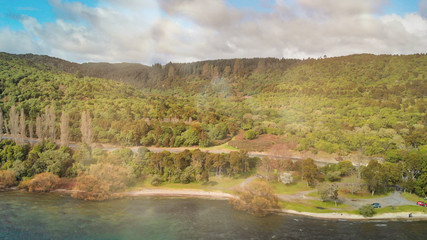 New Zealand Lake Taupo landscape, panoramic aerial view