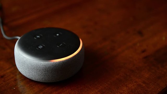 FLORENCE, ITALY-01/25/2020-Closeup of Amazon Echo Dot Smart home assistant