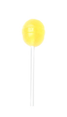 Tasty lemon flavored lollipop isolated on white