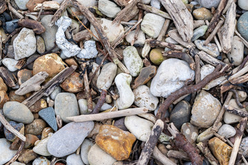 Close up detail shot of various stones and pebbles interspersed with branches and twigs.  Taken near the coastline of Roker in Sunderland.