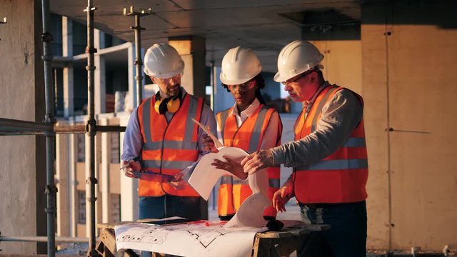 Workers look at a blueprint on a building site.