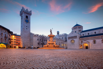 Trento, Italy. Cityscape image of historical city of Trento, Trentino, Italy during twilight blue hour. - obrazy, fototapety, plakaty