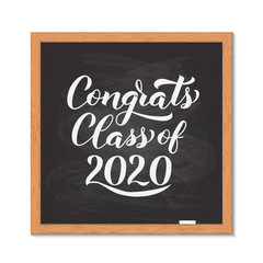 Congrats Class of 2020 hand written on chalkboard with wooden frame. Congratulations to graduates typography poster. Vector template for greeting card, banner, sticker, label, t-shirt, etc.