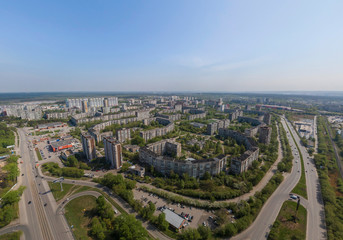 ZHBI district in Yekaterinburg city, Russia. Aerial, summer, sunny