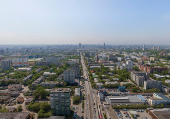 Malysheva street in Yekaterinburg city, Russia. Aerial, summer, sunny