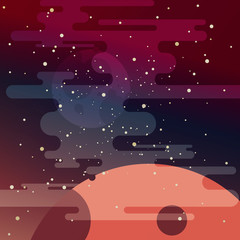 Space background with stars, clouds and planets. Flat design. Vector illustration.