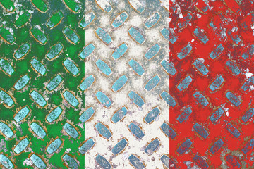Italian flag with over steel diamond metal plate. Worn diamond plate surface with dirt and grit.