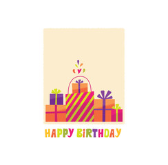  Vector illustration of happy birthday  eve in semi flat style. Greeting card,  poster, postcard, invitation,banner. Free hand drawing lettering for celebration. Present in box and packet.