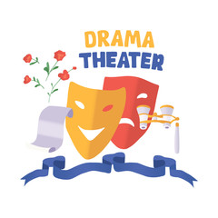 Drama theater symbol on white background. Semi flat vector illustration of masks with happy and sad facial expression. Сomedy and tragedy actors. Theater poster with face and ribbon isolated on white.
