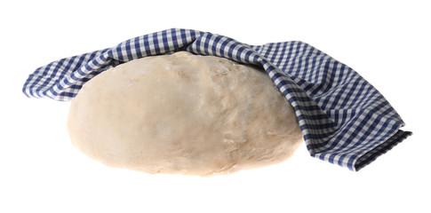 Raw dough for pastries covered with napkin isolated on white