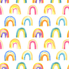 Watercolor seamless pattern with hand painted watercolor rainbows. Stock illustration, wrapping paper, fabric wallpaper print texture