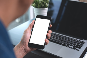 Mockup businessman using smartphone, working, at office