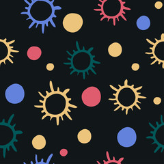A simple pattern on the theme of space. Drawn stars and planets in cartoon style. Seamless pattern with hand drawn stars. Bright vector illustration.