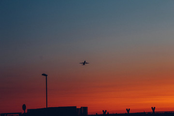 Plane taking off at sunset