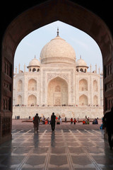 Fototapeta na wymiar people standing at the gate facing Taj Mahal, Agra, India.