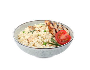 Delicious chicken risotto with tomato isolated on white