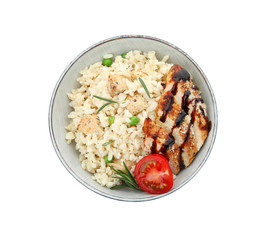 Delicious chicken risotto isolated on white, top view