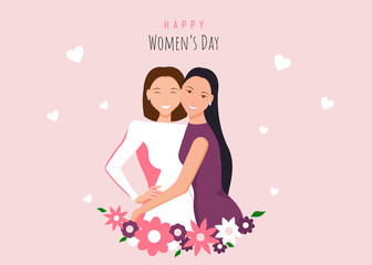 Happy womens day illustration. March 8, International Women's Day. Happy girls hugging. Love between the girls. 8 march, womans day. Vector